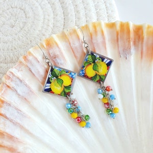 Sicilian tile earrings, Italian lemon earrings, Mediterranean earrings dangle, Colorful beaded earrings, Italian tile earrings, Amalfi Coast