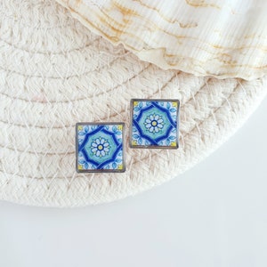Italian tile earrings, Sicilian tile earrings, Baroque stud earrings, Italian engagement gift, Caltagirone clay earrings, Square tile studs