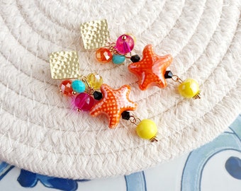 Colorful summer earrings, Orange starfish earrings, Ceramic cluster earrings, Sea theme earrings, Mediterranean jewelry, Italian earrings