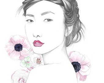 Blossom print - A4 print - A3 print - Portrait drawing - Illustration - Watercolour - Beauty - Art - Floral - Fashion illustration