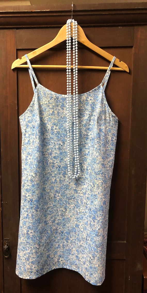 Handmade Short A-Line Bias Cut Blue Floral Print Cotton Blend Slip Dress