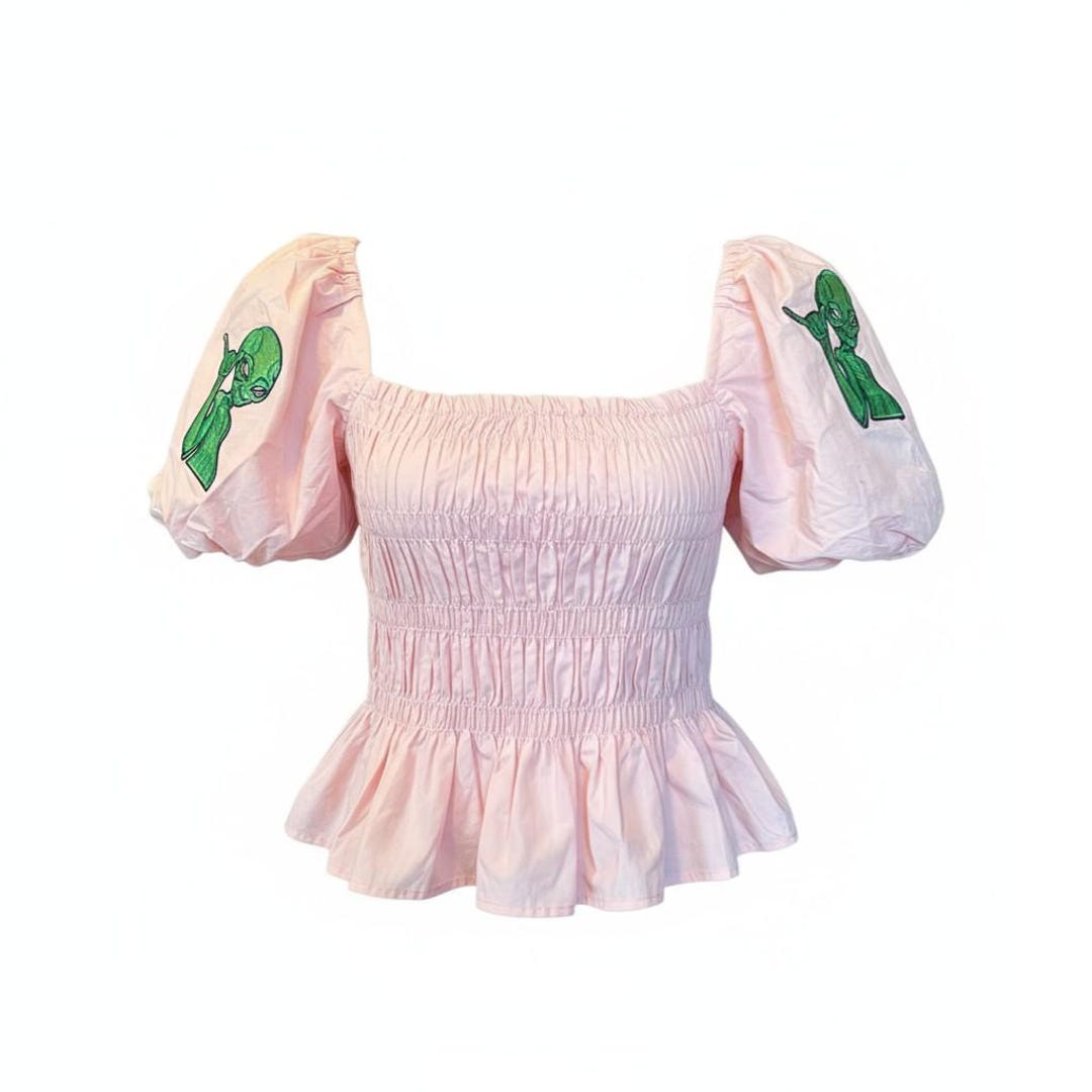 Alien Complex Ruffle Trendy Women's Pink Ruffle Blouse With Alien Patch – Small Size for ...