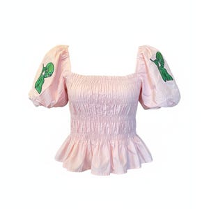 Trendy Women's Pink Ruffle Blouse with Alien Patch – Small Size for Festivals & Events