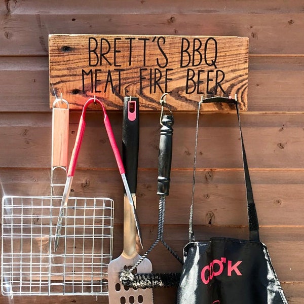 Personalised BBQ sign, BBQ utensil hooks holder. fathers day, dad birthday gift for him.