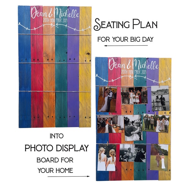 Wedding seating plan Rainbow colours. Eco-friendly RE-USABLE as photo frame after big day.