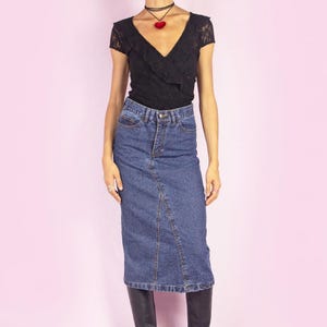 Vintage Denim Midi Skirt, 90s Pencil High Waist Blue Jean Straight – Size XXS