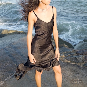 Vintage Black Slip Dress, Crinkled Ruffle Hem Midi Y2K 2000s – Size S