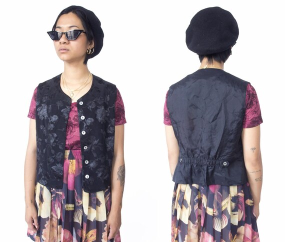 80s 90s Black Floral Vest Sleeveless Jacket Waistc