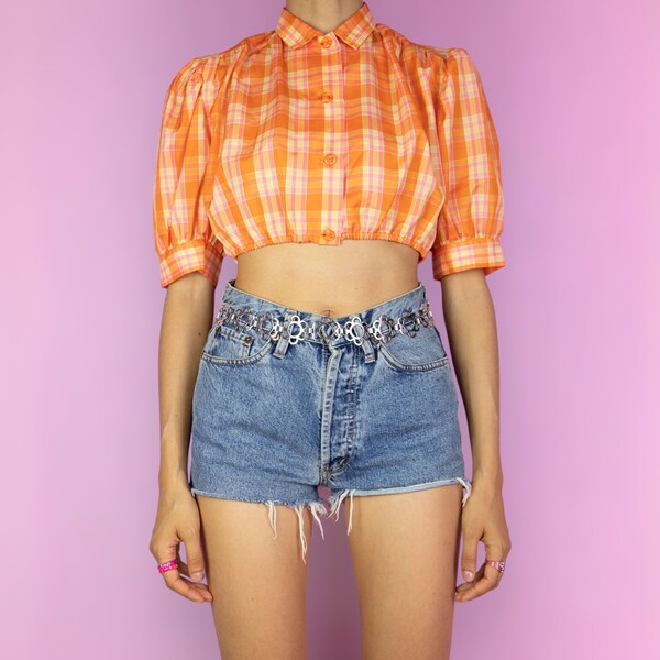 Vintage Y2K Check Plaid Crop Top Orange Puff Sleeve Cottage Prairie Blouse - Size Small