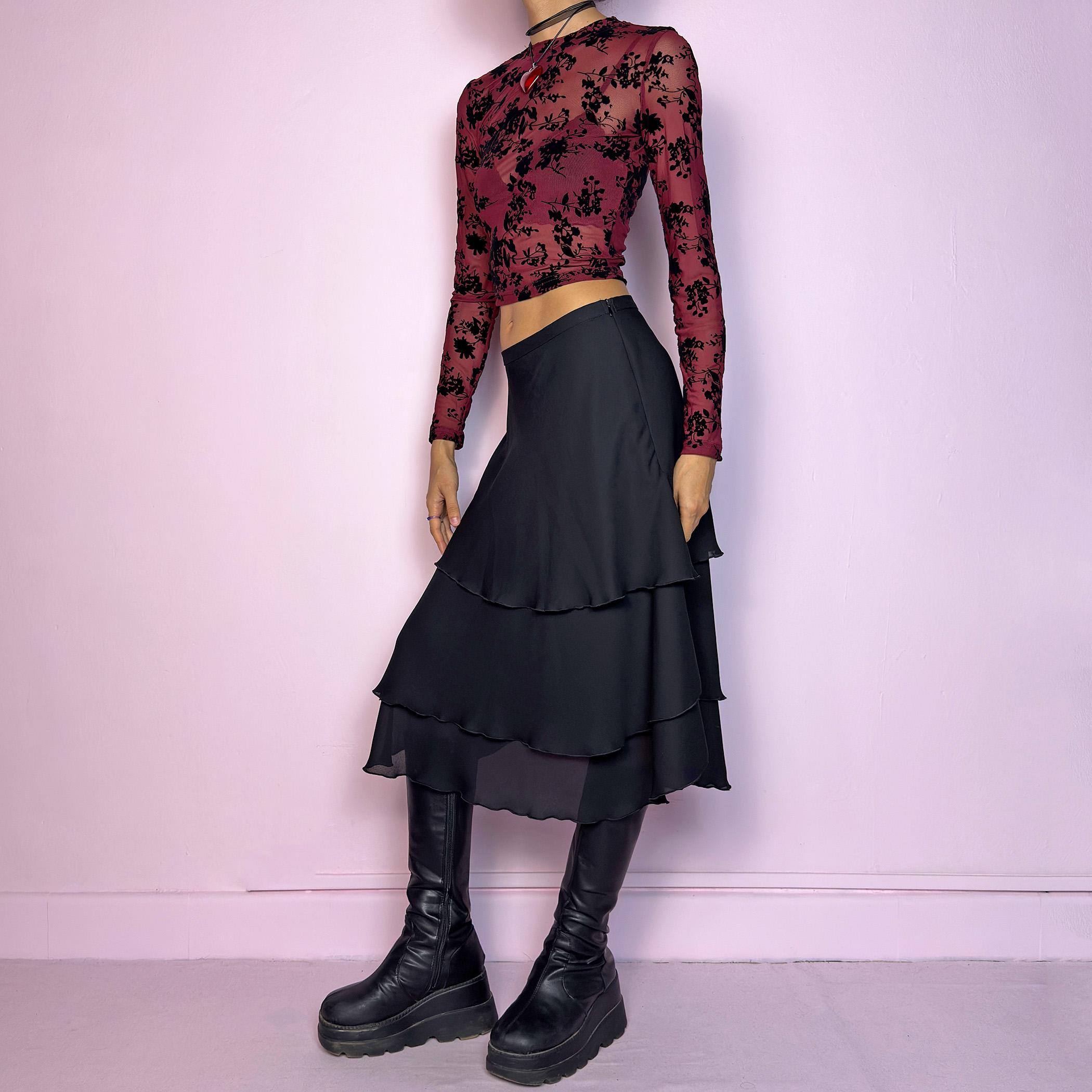 9*6様 Star Flayered Midi Skirt (Black) Vintage Black Layered Midi Skirt, Flared Tiered 90s – Size