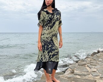 Vintage Green Midi Dress Tie Dye Ruffle Layered Fairy Summer 90s 2000s Size L