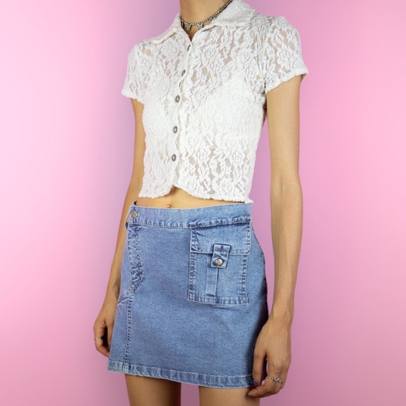Vintage Y2K Denim Mini Skirt Asymmetric Pleated J… - image 1
