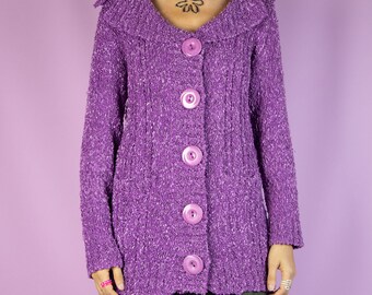 Vintage Y2K Fairy Knit Cardigan suéter de cuello púrpura 2000s - Tamaño mediano