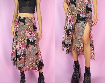 Vintage Y2K Lace Midi Skirt Boho Mesh Asymmetric Spliced Hem Skirt 2000s - Size Small