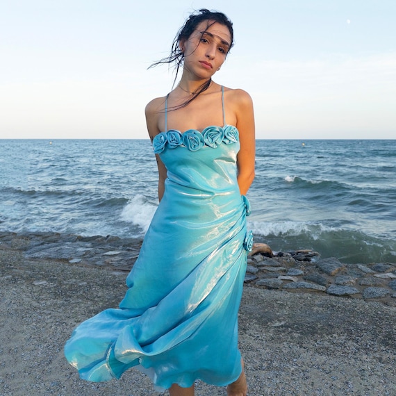 2000s blue dress 2000s Baby Blue Silk and Mesh Slip Dress with Matching Jacket (L) – Holy  Thrift