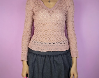 Vintage Y2K Pink Crochet Knit Top Fairy Grunge Coquette Top 2000s – Size Small