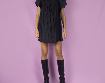 Mini-robe noire vintage de l'an 2000 - Robe nuisette trapèze d'été bohème des années 2000 - Petite