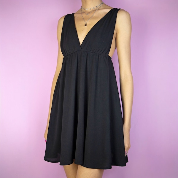 Vintage Y2K Black Party Mini Dress Deep V Neck Night Out Dress 2000s - Size XS