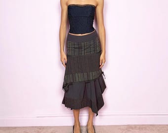 Vintage Brown Midi Skirt Asymmetric Layered Fairy Grunge Y2K 2000s Size S