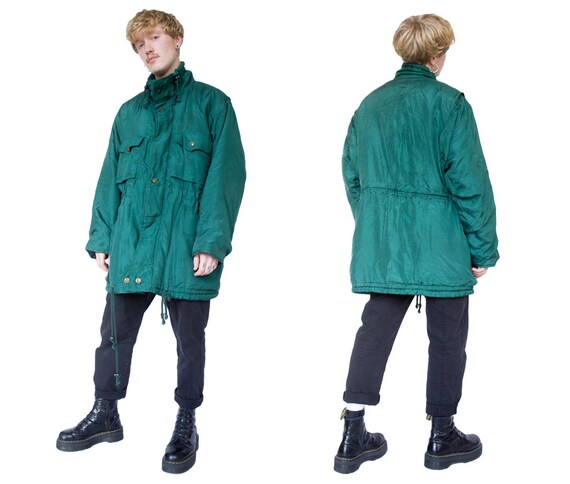 90s Green Coat Silk Jacket Grunge Army Winter Over