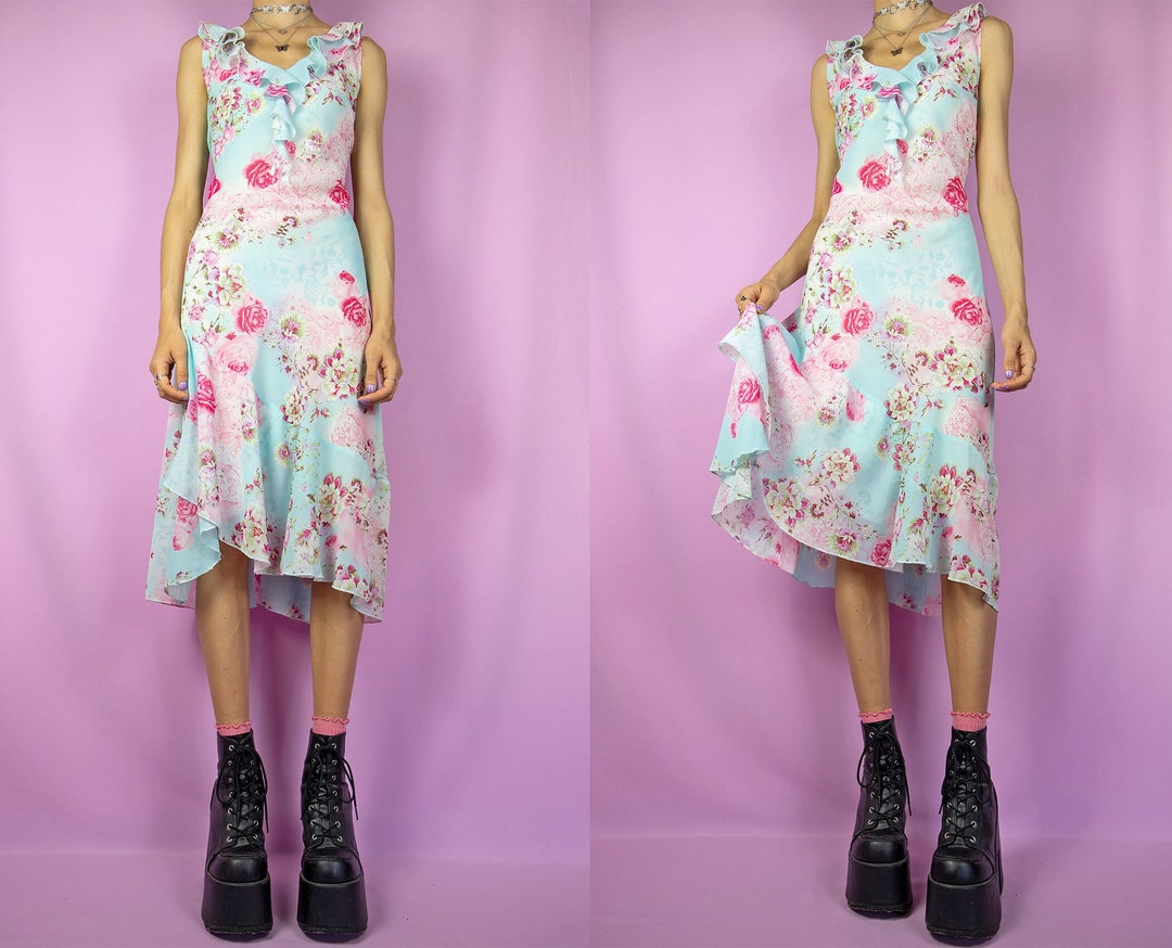 00s Y2K Blue Floral Ruffle Midi Dress Rose Print Sheer Boho Etsy