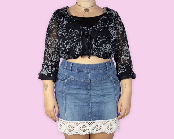 2000s Y2K Denim Lace Mini Skirt Crochet Trim Jean Cyb… - Gem