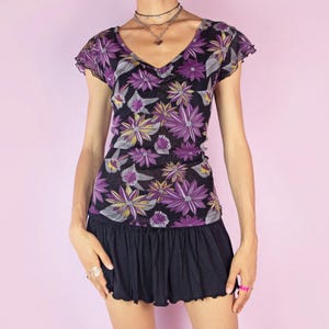 Vintage Mesh Top, Black Floral Sheer V Neck Tie Back Y2K 2000s – Size L