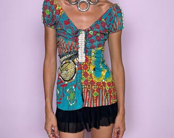 Vintage Graphic Top Save The Queen Patchwork Art Print Maximalist Y2K 2000s Size S
