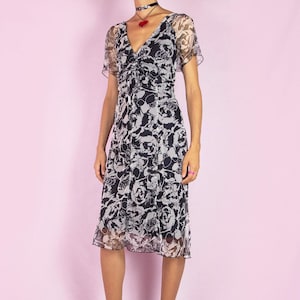 Vintage Mesh Midi Dress, Graphic Floral Ruched Y2K 2000s – Size Large