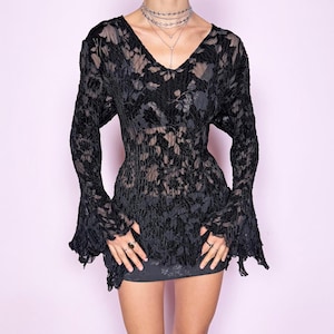 Vintage Y2K Black Top, Velvet Devoré Burnout Asymmetric 2000s – Size L