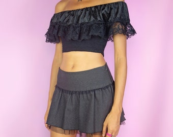 Vintage 90s Black Crop Top Ruffle Lace Off Shoulder Shirt Whimsygoth - Size XXS/XS