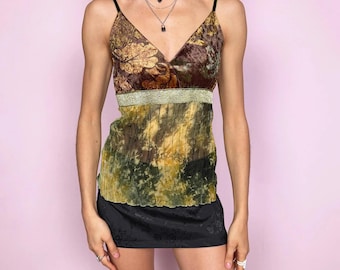 Vintage Green Cami Top Tie Dye Floral Velvet Fairy Pixie Y2K 2000s Size M