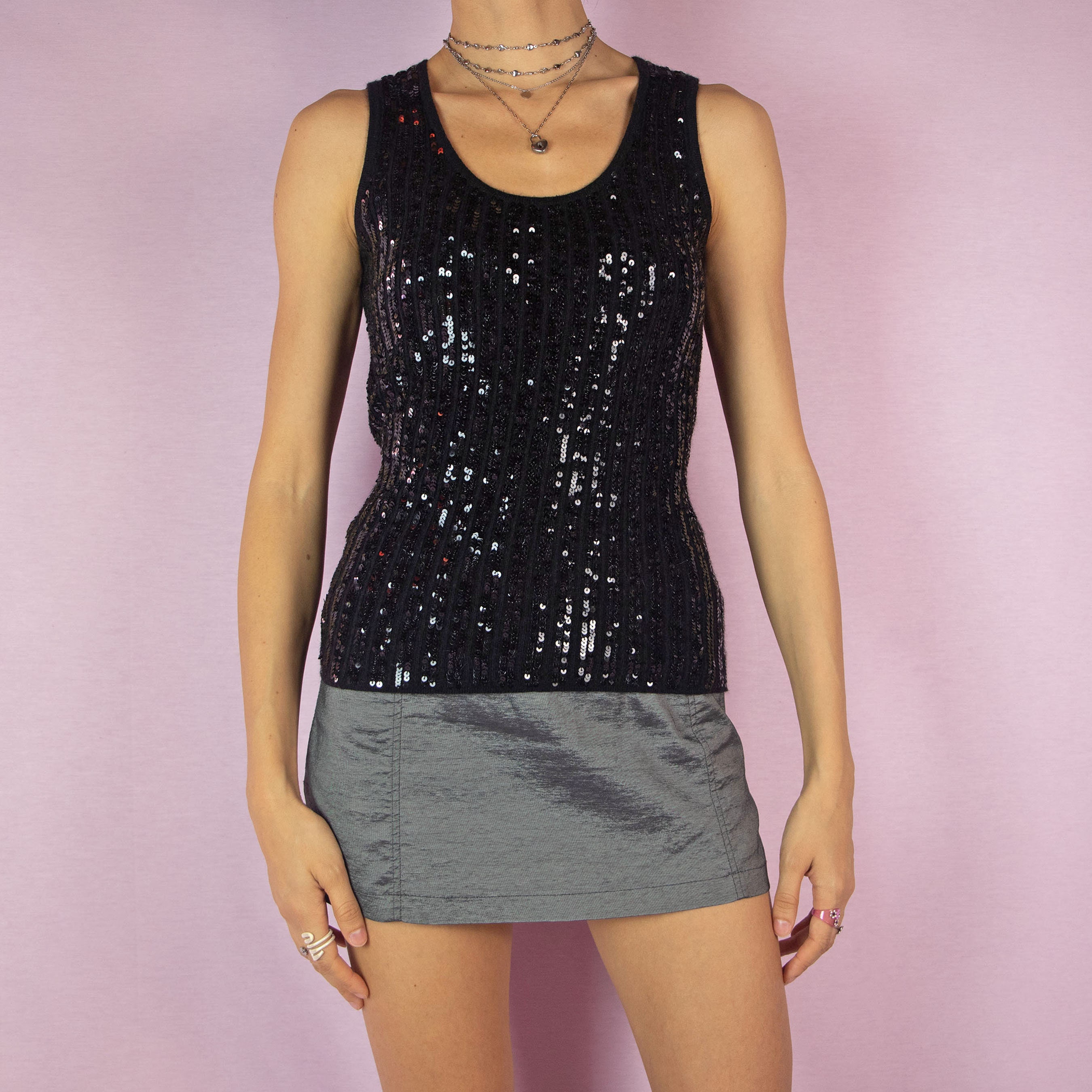 Vintage Y2K Party Black Sequin Top Sparkle Embellished Shirt 2000s 