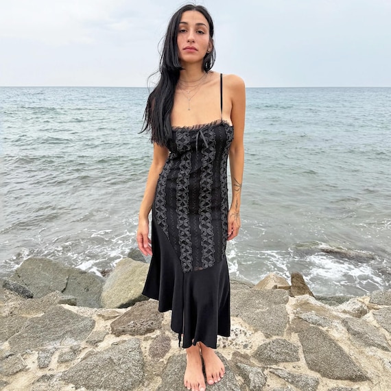 black handkerchief dress ASOS DESIGN velvet and lace mix maxi dress with handkerchief hem in black