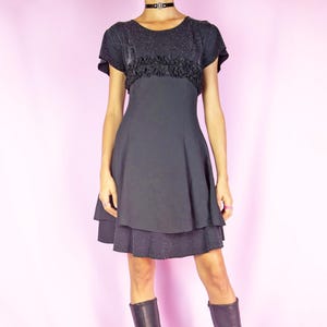 Vintage Black Mini Dress, Ruffle Layered Sparkle Glam 90s – Size Medium