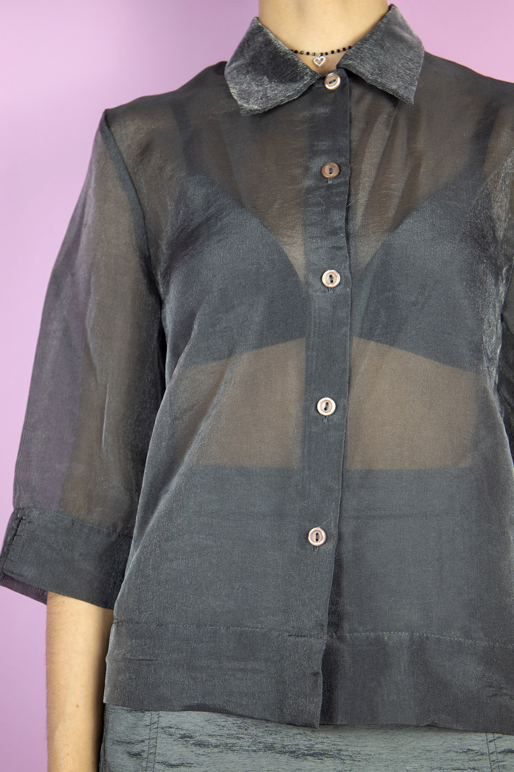 Vintage Gray Sheer Blouse, Silver Metallic 90s - Size Medium