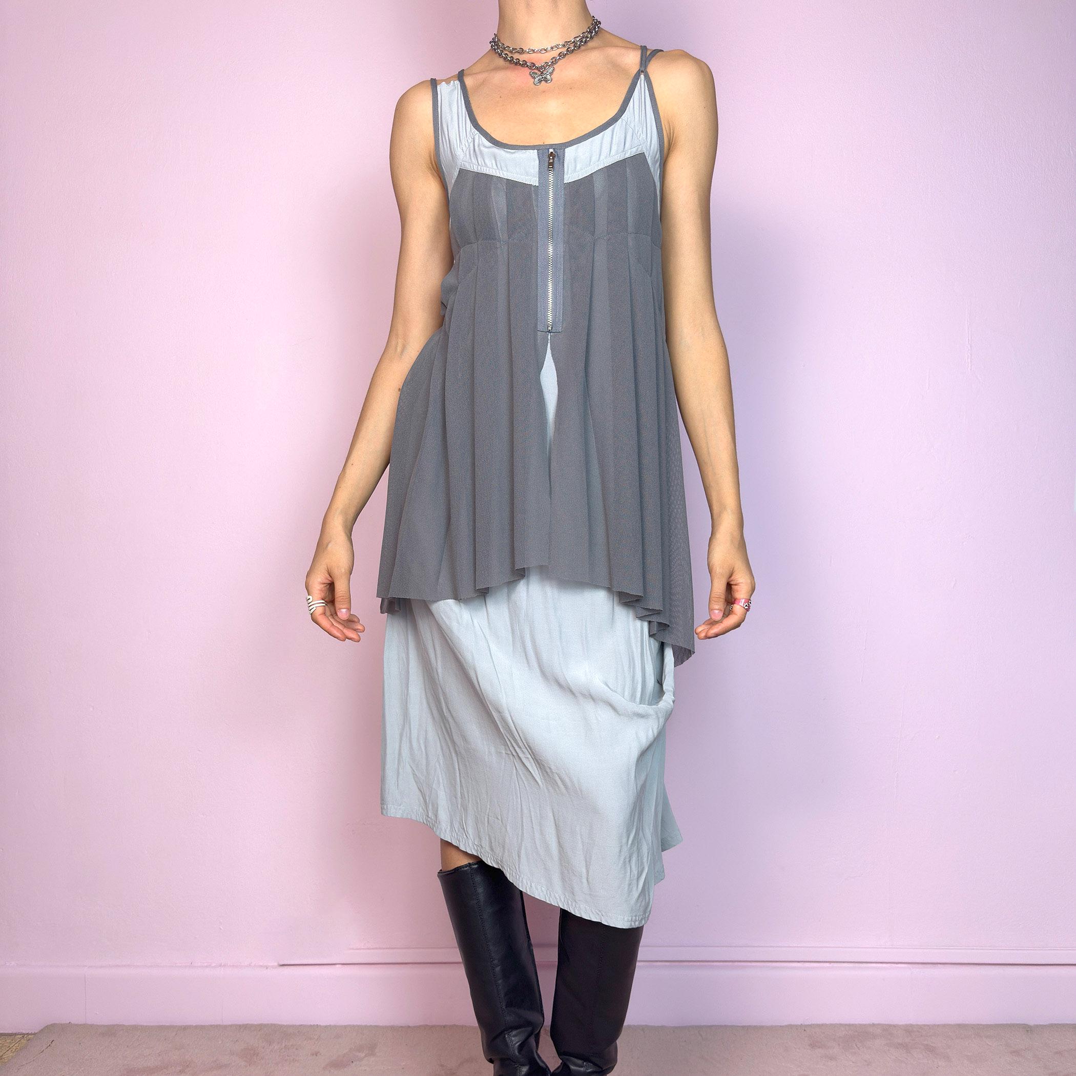 Vintage Gray Layered Midi Dress, Draped Mesh Y2K 2000s – Size Large