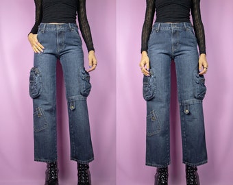Jean cargo vintage An 2000 - Pantalon large utilitaire en denim foncé des années 2000 - Taille XS