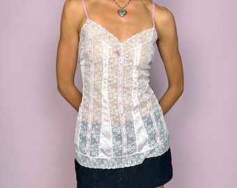 Camisola vintage de los años 90 con encaje floral, color blanco y lazo rosa, talla M