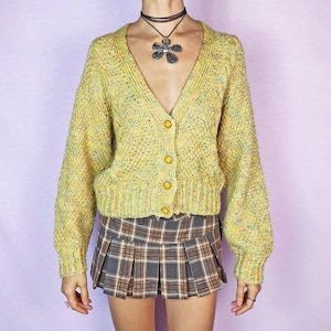 Vintage Yellow Knit Cardigan, Chunky Button Up 90s – Size Medium