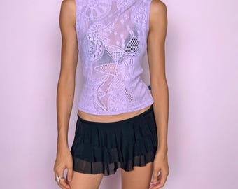 Vintage Lace Top Christian Lacroix Purple Lilac Sheer Designer Y2K 2000s Size S