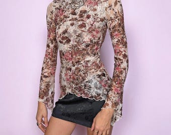 Vintage Y2K Lace Mesh Top Beige Floral Glitter Fairy 2000s Size S