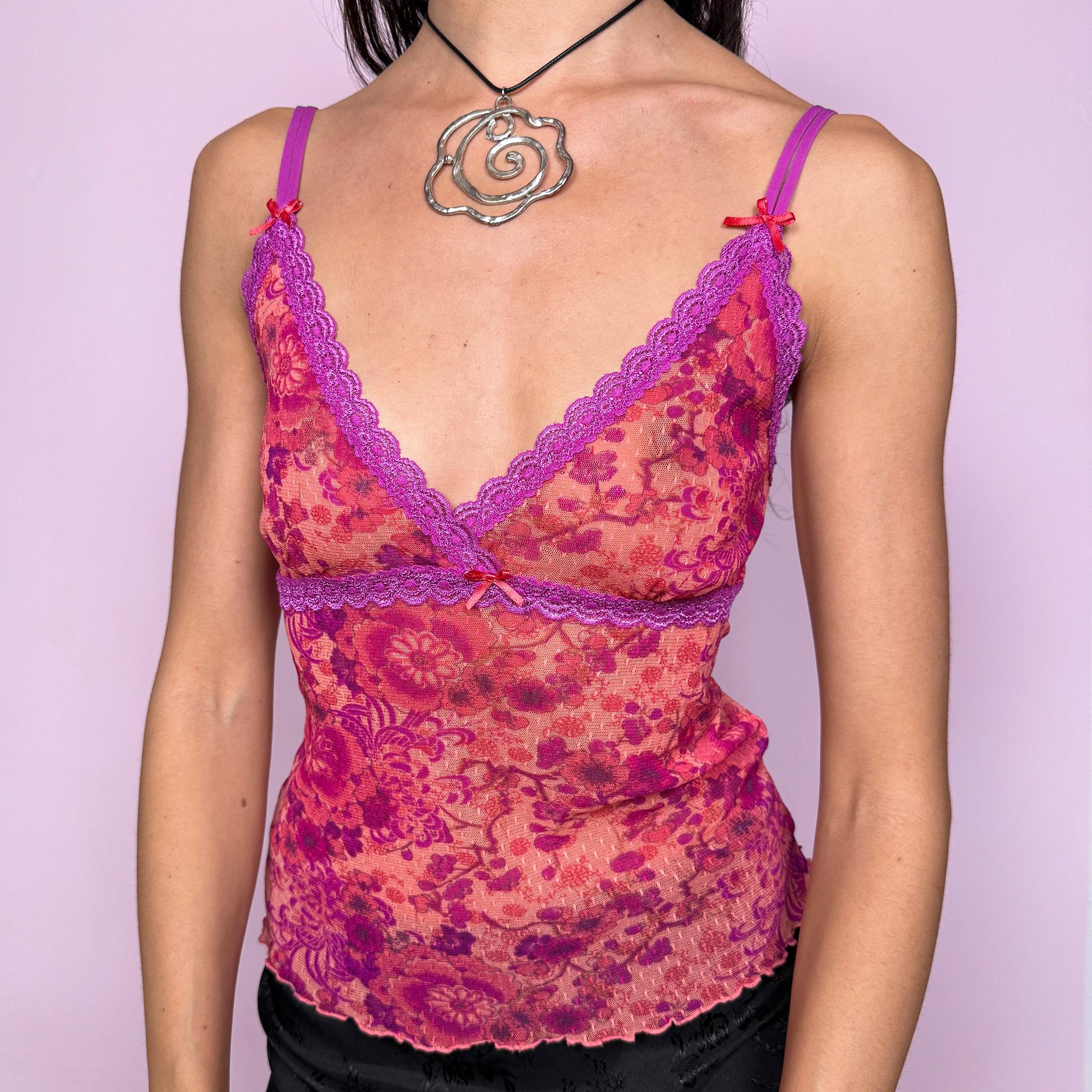 Vintage Y2K Coral Top Purple Floral Mesh Lace Cami Coquette 2000s