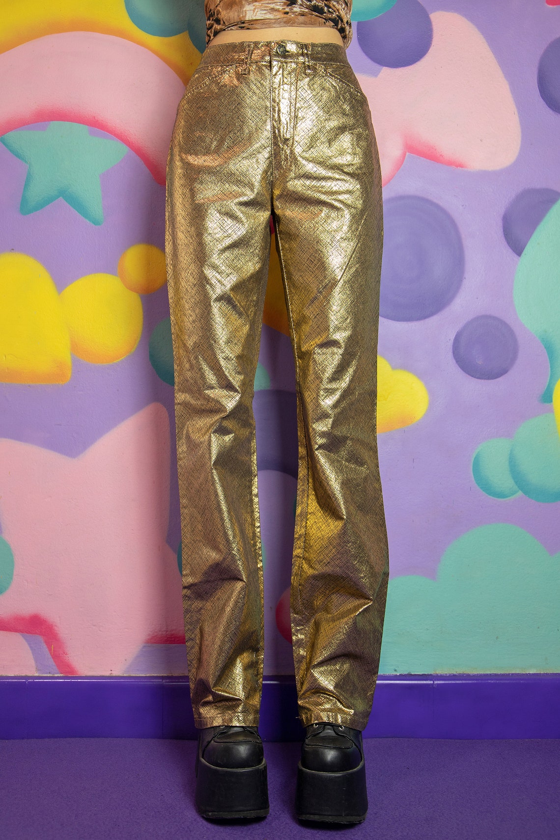 90s Gold Flare Pants Metallic Trousers Party Night Cyber Club | Etsy
