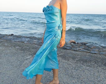 2000s blue dress Vintage Y2K Blue Dress Midi Rosette Formal Party Fairy Pastel 2000s Size M