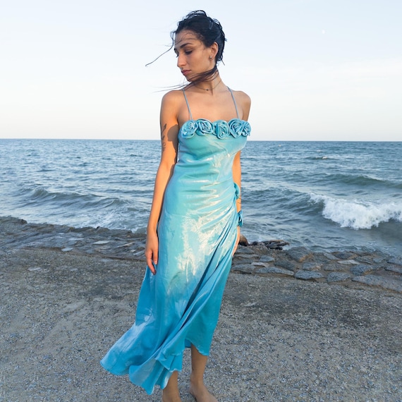 Vintage Y2K Blue Dress Midi Rosette Formal Party Fairy Pastel 2000s Size M
