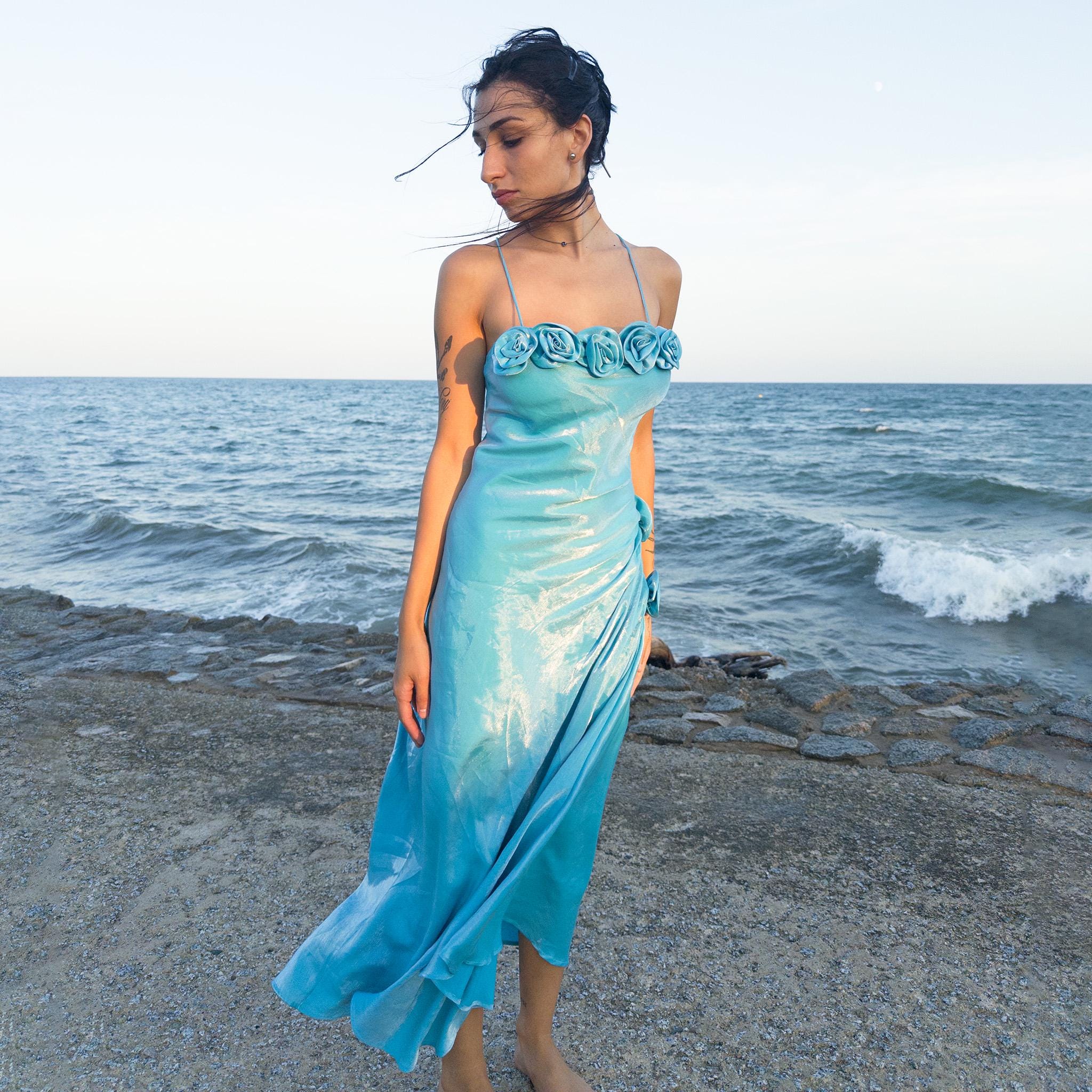 Vintage Y2K Blue Dress Midi Rosette Formal Party Fairy Pastel 2000s Size M