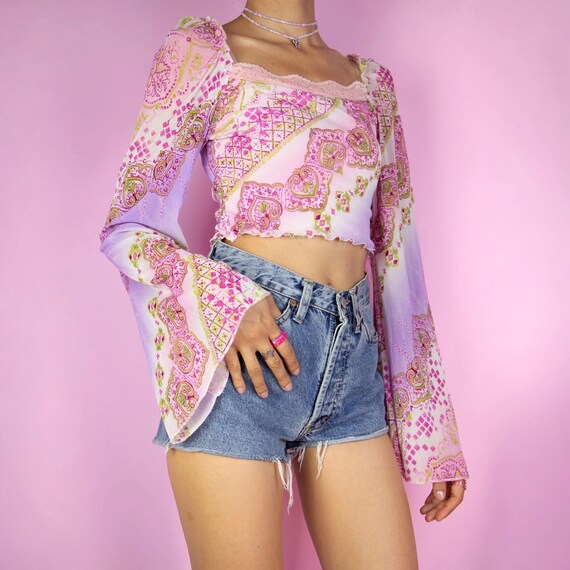 Vintage Y2K Pink Print Mesh Crop Top Bell Sleeve Floral Paisley 