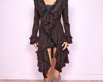 Cárdigan vintage marrón Y2K de mohair con volantes y mangas acampanadas, estilo hada, años 2000, talla M