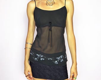 Vintage 90s Black Top Sheer Embroidered Cami Coquette Y2K 2000s Size M
